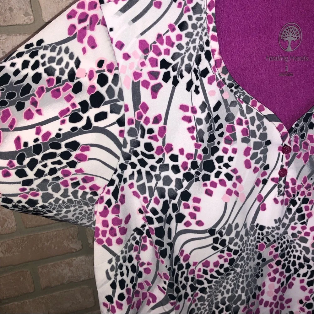 Healing Hands Purple Label Two Button Jewel Neck purple patterned scrub top - Picture 2 of 6